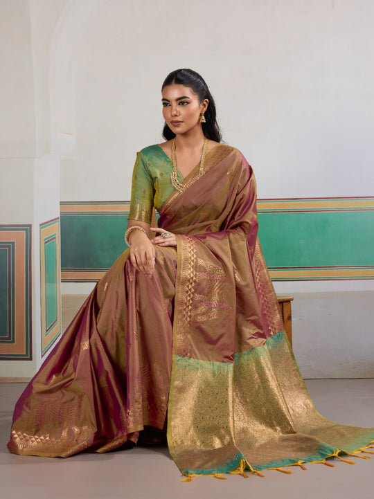 Brown Pure Silk Handloom Weaving Saree With Blouse Piece