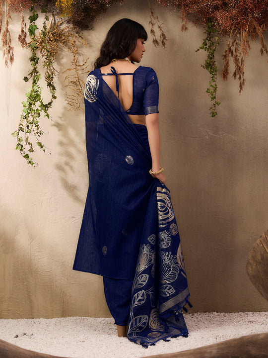 Blue Pure Munga Silk Handloom Weaving Saree With Blouse Piece