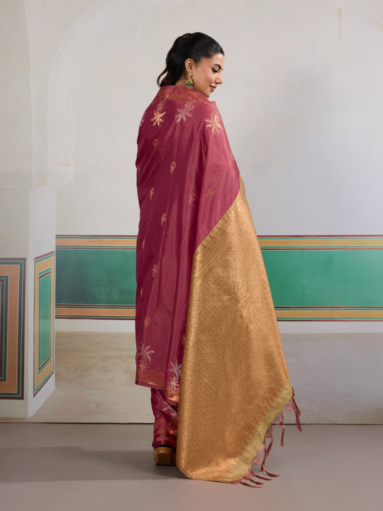 Pink Tussar Silk Handloom Weaving Saree With Blouse Piece