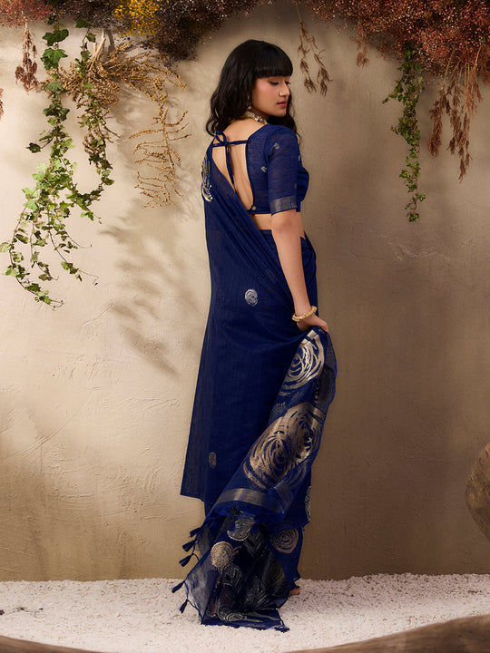 Blue Pure Munga Silk Handloom Weaving Saree With Blouse Piece