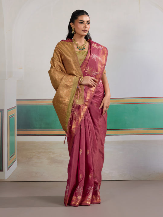 Pink Tussar Silk Handloom Weaving Saree With Blouse Piece