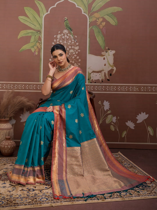 Rama Tussar Silk Handloom Weaving Saree With Blouse Piece