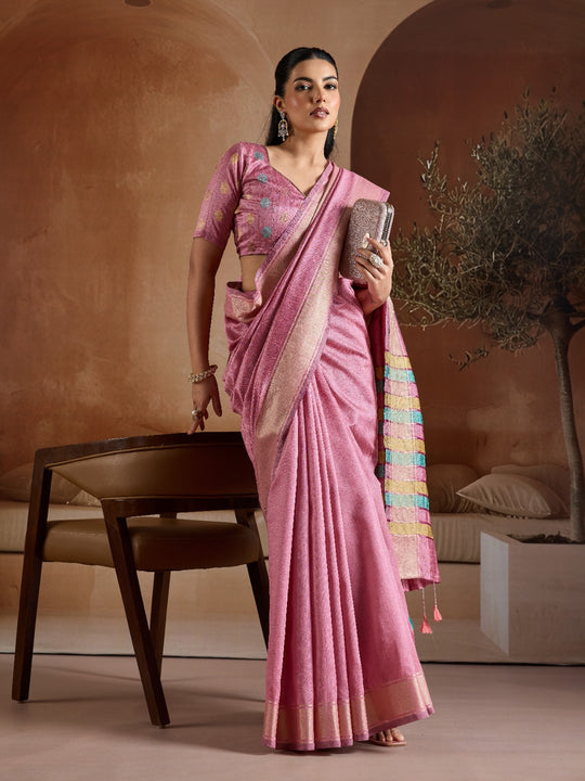 Pink Handwoven Bhagalpuri Weaving With Multi Pallu & Blouse Saree With Blouse Piece