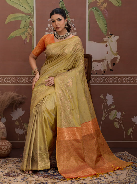 Tusser-Grey Tussar Silk Handloom Weaving Saree With Blouse Piece
