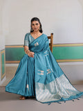 Blue Pure Satin Handloom Weaving Saree With Blouse Piece