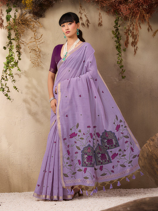 Purple Munga Cotton Handloom Weaving Saree With Blouse Piece