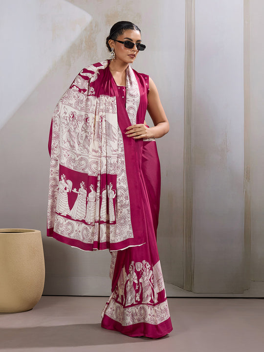 Maroon Printed Ajarakh Satin Crepe Saree With Blouse Piece