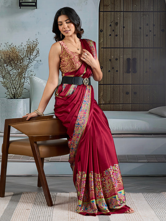 Red Printed Ajarakh Satin Crepe Saree With Blouse Piece