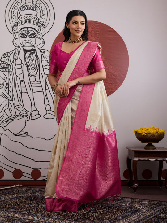 Pink Handloom Weaving Paper Silk Saree With Blouse Piece