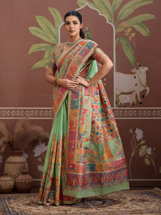 Green Modal Cotton Pashmina Weaving Saree With Blouse Piece