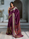Wine Printed Ajarakh Satin Crepe Saree With Blouse Piece