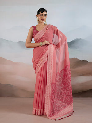 Pink Pure Viscose Cotton Handloom Weaving Saree With Blouse Piece