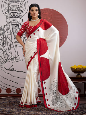 Red Printed Ajarakh Satin Crepe Saree With Blouse Piece