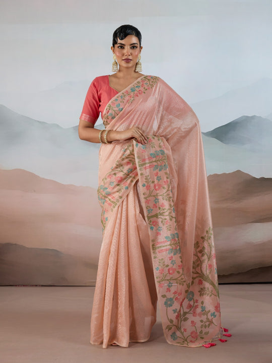 Light-Pink Handloom Zari Tissue - Brasso Weaving Saree With Blouse Piece