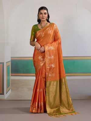 Orange Tussar Silk Handloom Weaving Saree With Blouse Piece