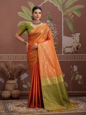 Orange Tussar Silk Handloom Weaving Saree With Blouse Piece