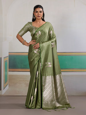 Green Pure Satin Handloom Weaving Saree With Blouse Piece