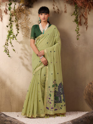 Green Munga Cotton Handloom Weaving Saree With Blouse Piece