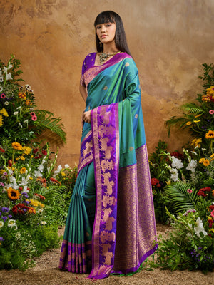 Rama Pure Silk Handloom Weaving Saree With Blouse Piece