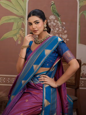 Wine Tussar Silk Handloom Weaving Saree With Blouse Piece