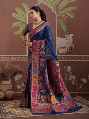 Blue Modal Cotton Pashmina Weaving Saree With Blouse Piece