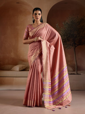 Light-Pink Handwoven Bhagalpuri Weaving With Multi Pallu & Blouse Saree With Blouse Piece
