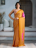 Yellow Printed Ajarakh Satin Crepe Saree With Blouse Piece