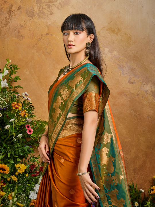 Orange Pure Silk Handloom Weaving Saree With Blouse Piece