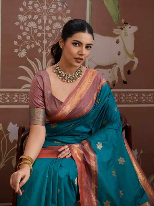 Rama Tussar Silk Handloom Weaving Saree With Blouse Piece