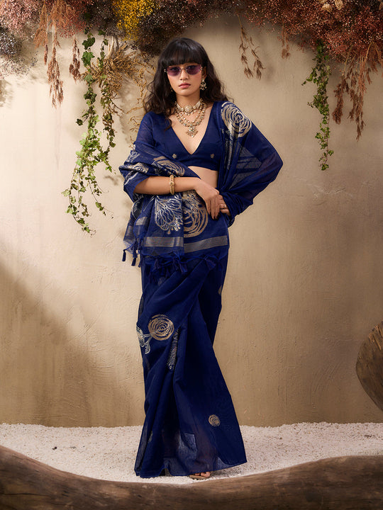 Blue Pure Munga Silk Handloom Weaving Saree With Blouse Piece