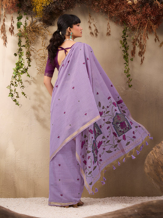 Purple Munga Cotton Handloom Weaving Saree With Blouse Piece