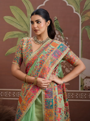 Green Modal Cotton Pashmina Weaving Saree With Blouse Piece