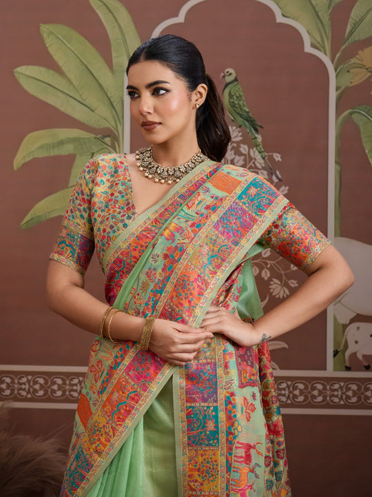 Green Modal Cotton Pashmina Weaving Saree With Blouse Piece