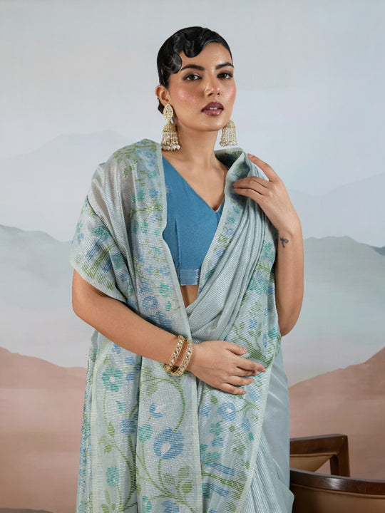 Blue Handloom Zari Tissue - Brasso Weaving Saree With Blouse Piece