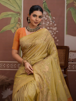 Tusser-Grey Tussar Silk Handloom Weaving Saree With Blouse Piece