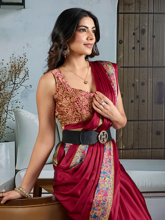 Red Printed Ajarakh Satin Crepe Saree With Blouse Piece