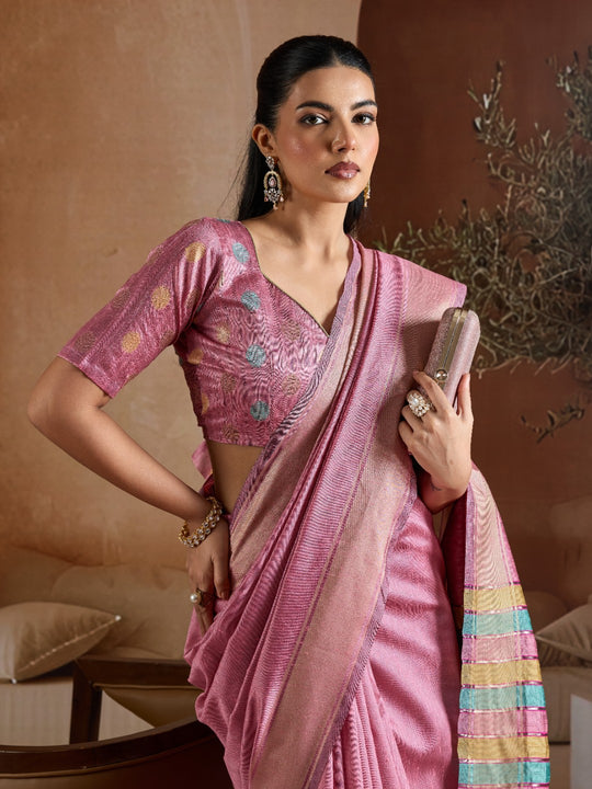 Pink Handwoven Bhagalpuri Weaving With Multi Pallu & Blouse Saree With Blouse Piece
