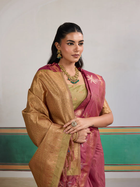 Pink Tussar Silk Handloom Weaving Saree With Blouse Piece
