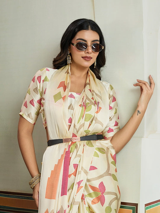 White Printed Ajarakh Satin Crepe Saree With Blouse Piece