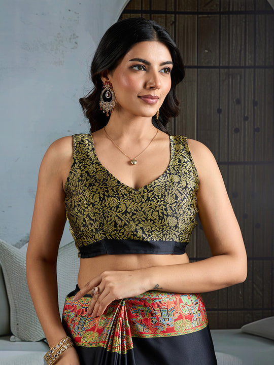 Black Printed Ajarakh Satin Crepe Saree With Blouse Piece