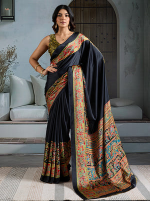 Black Printed Ajarakh Satin Crepe Saree With Blouse Piece