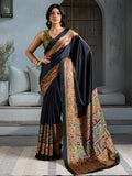 Black Printed Ajarakh Satin Crepe Saree With Blouse Piece