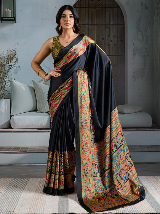 Black Printed Ajarakh Satin Crepe Saree With Blouse Piece