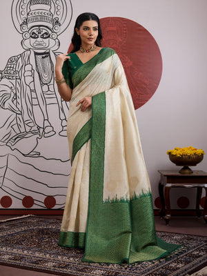 Green Handloom Weaving Paper Silk Saree With Blouse Piece