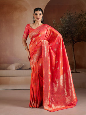 Orange Handloom Weaving Silk Saree With Blouse Piece