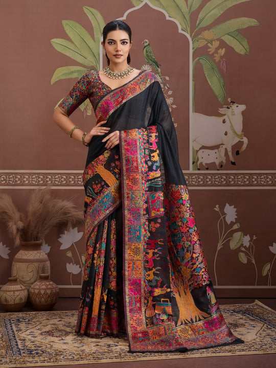 Black Modal Cotton Pashmina Weaving Saree With Blouse Piece