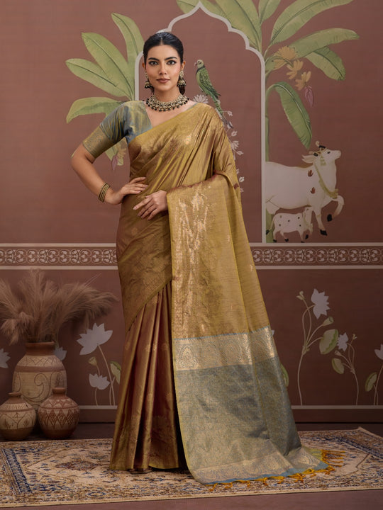 Dark-Grey Tussar Silk Handloom Weaving Saree With Blouse Piece
