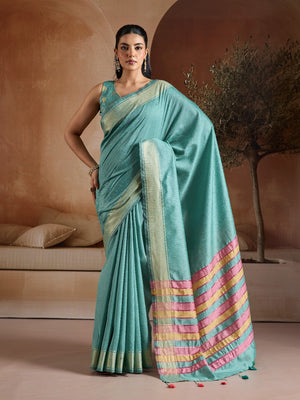 Blue Handwoven Bhagalpuri Weaving With Multi Pallu & Blouse Saree With Blouse Piece