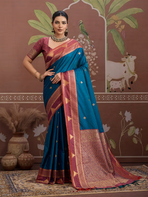 Rama Tussar Silk Handloom Weaving Saree With Blouse Piece