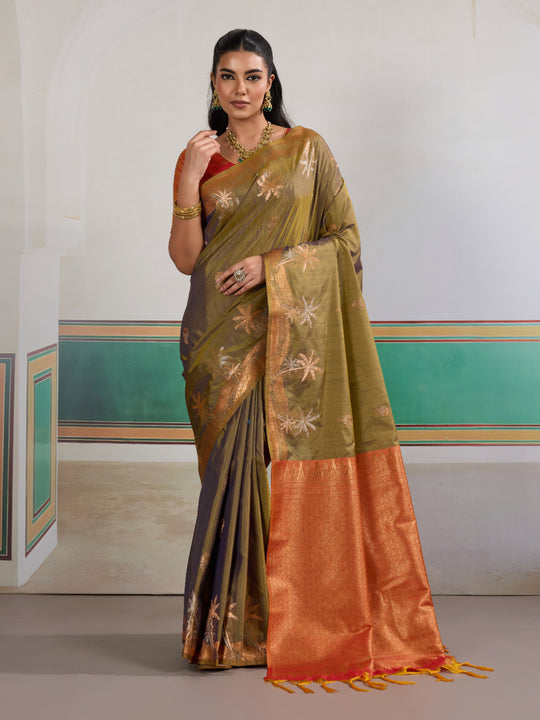 Dark-Grey Tussar Silk Handloom Weaving Saree With Blouse Piece